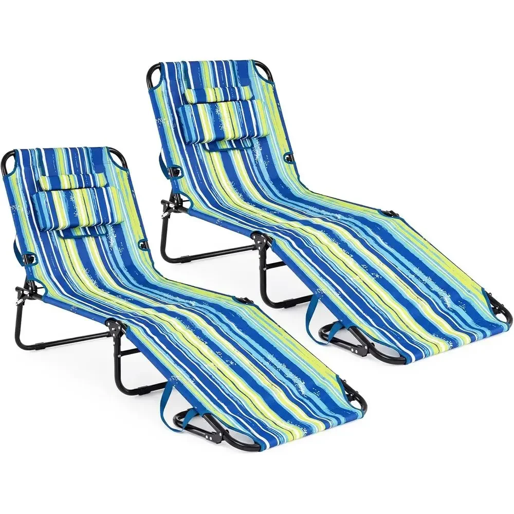 Adjustable Reclining Tanning Chair with 4-Position Backrest and 3 Cushions, Striped Outdoor Lounge