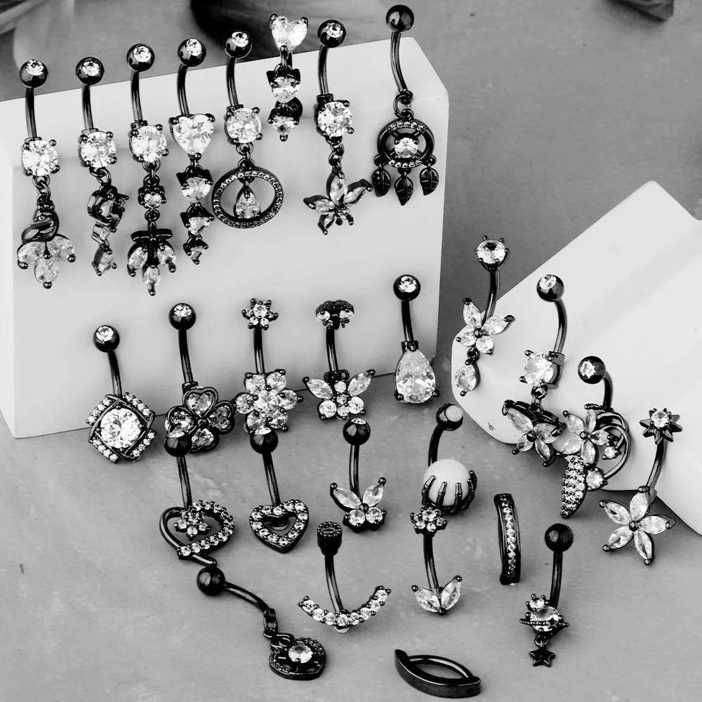 Fashion Black Butterfly Belly Button Rings 14G Star Belly Ring Cute Heart Crystal Navel Barbell Jewelry Piercing Ombligo Mujer