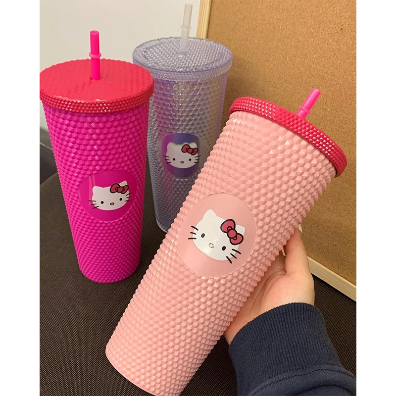 710Ml Hello Kitty Water Bottle Creative Durian Pattern Reusable Premium Straw Cup Large Capacity Plastic Travel Cup with 1 Straw