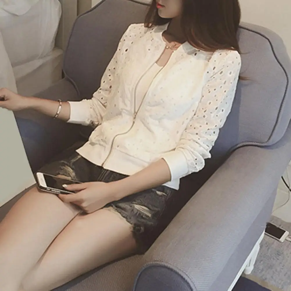 Women Short Jacket Acrylic Women Jacket Women’s Thin Lace Baseball Jacket Sheer Zip-up Stand Collar Coat Hollow Out Long
