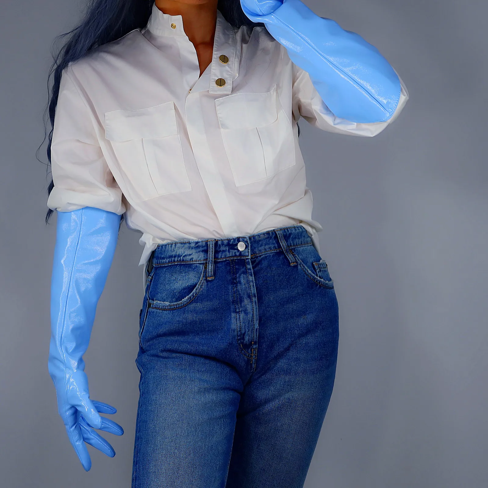 Oversized LATEX GLOVES 50cm Extra Long Puff Sleeves Unisex Shine Faux Patent Leather POWDER BLUE Evening Party Fashion Glove