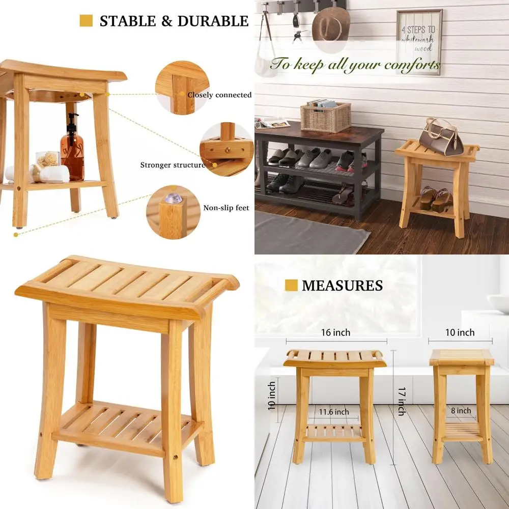 

Natural Bamboo Shower Bench with Storage, Ideal for Spa, Bath, and Multi-Room Use, Suitable for All Ages Including Elderly (Smal