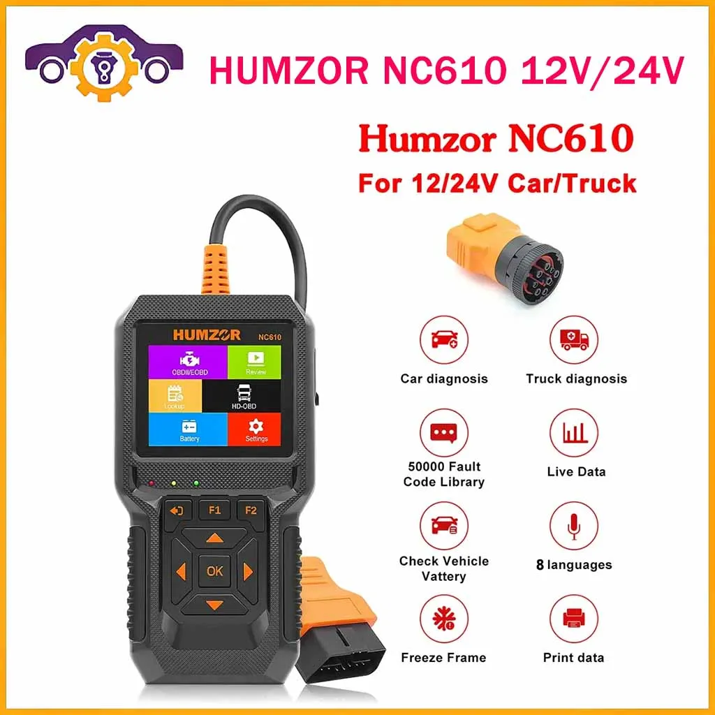 

HUMZOR NC610 12V/24V Code Reader OBDII Engine J1939 For Car Automotive Scanner for Truck OBD 2 OBD2 Diagnostic Auto Tool