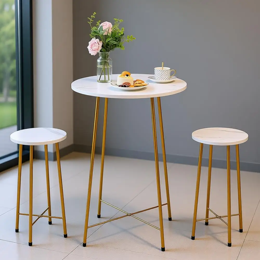 

Counter Height 3-Piece Pub Table Set with 2 Barstools for Small Spaces, Breakfast, Dinner, Gold
