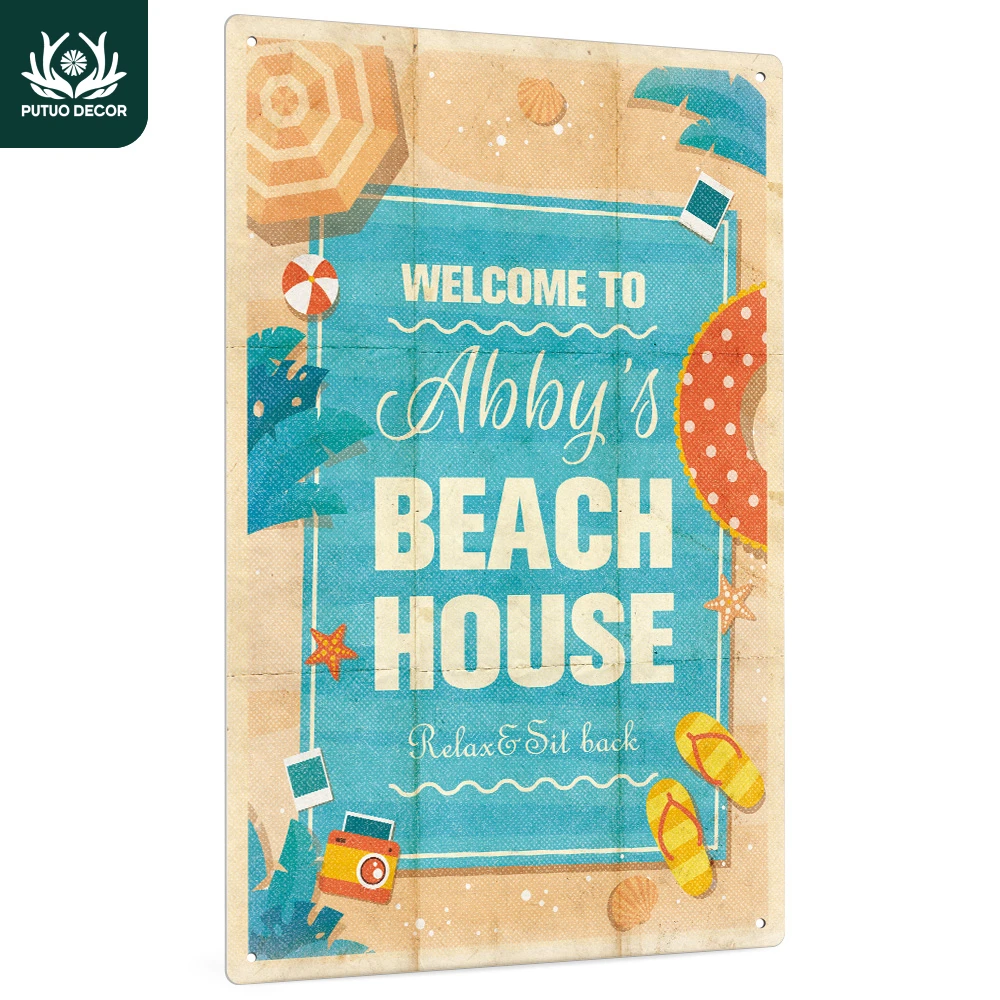 Putuo Decor 1pc Custom Metal Sign, Welcome to Your Text Beach House，Personalized Plaque Wall Art Decoration for Home Beach House