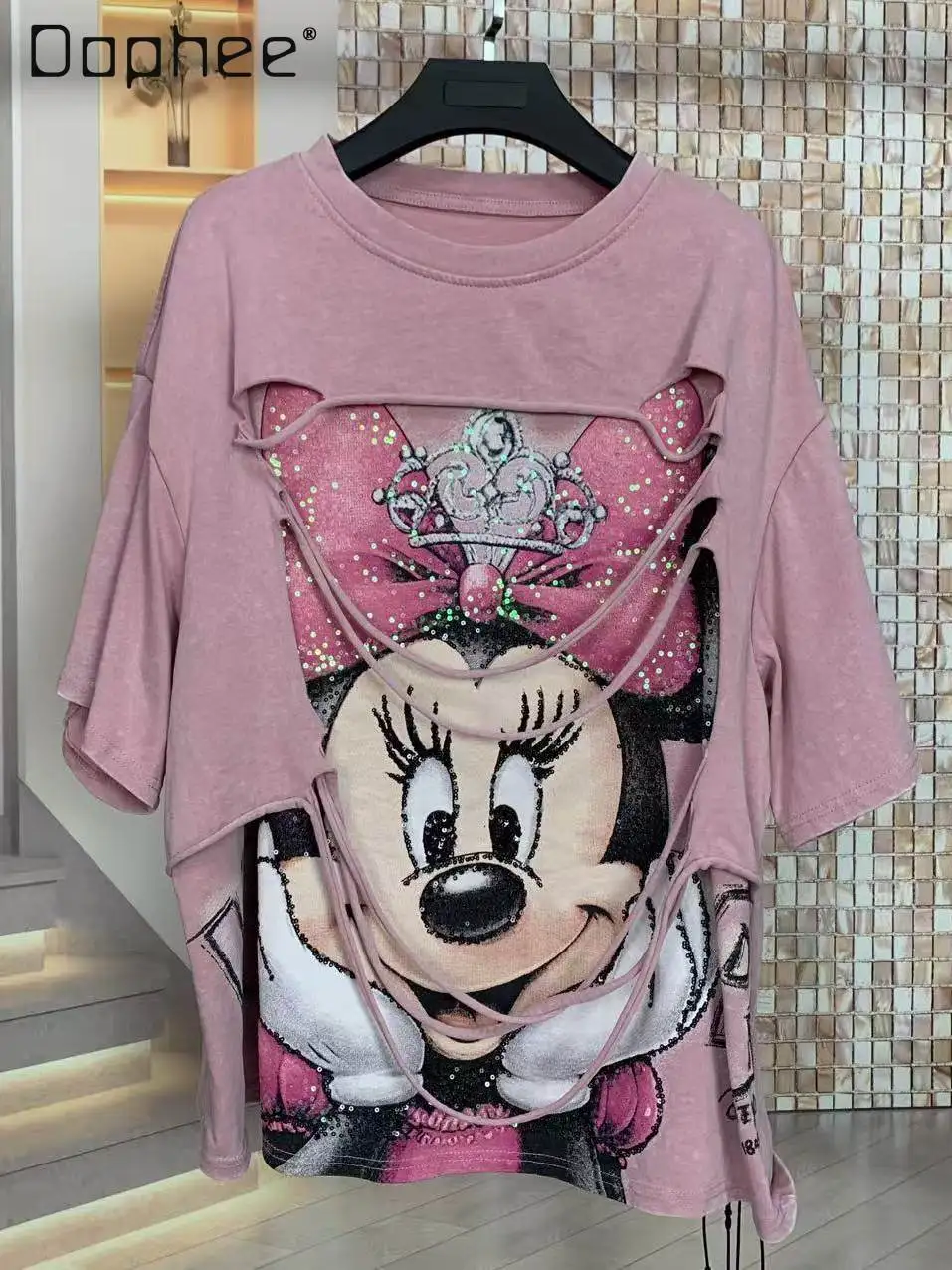 

Spring Summer Heavy-duty Distressed Fashionable Cartoon Print Loose-fit Short-sleeve T-shirt Top for Women