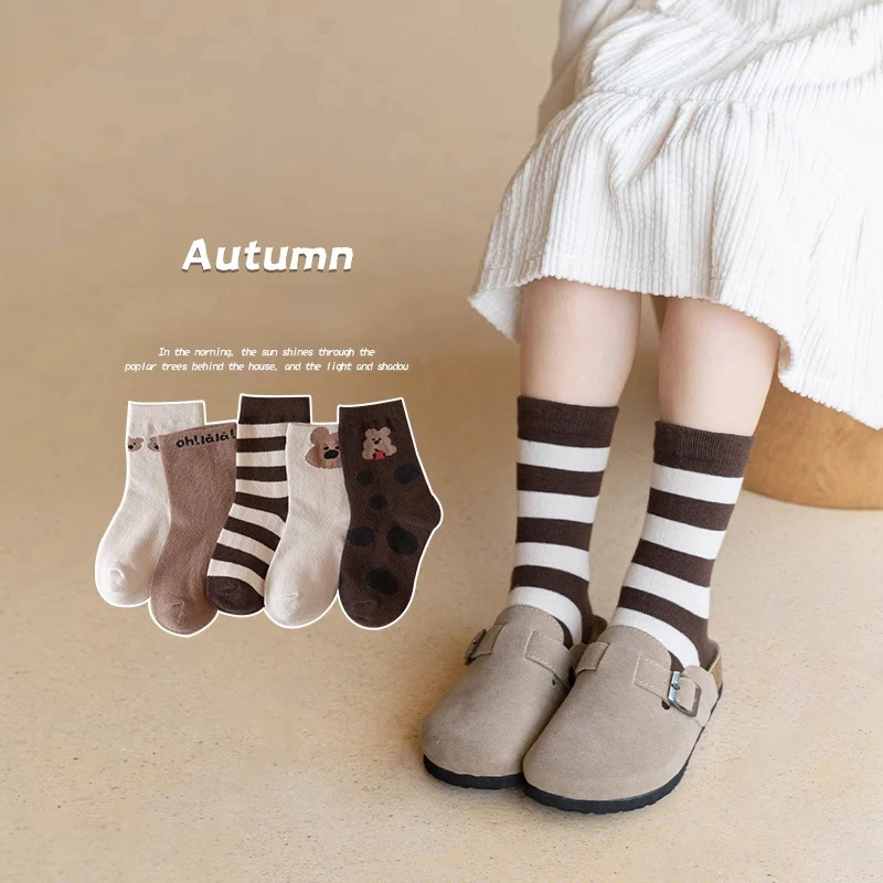 5Pairs Cute Bear Socks For Kids Autumn Winter Warm Cotton Sock 2-8year Boys Girls Baby Middle Tute Socks Soft Children Footwear