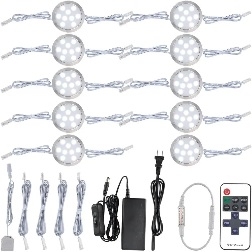 

Hardwired Under Cabinet Lights Kit, Electric Wired Round LED Puck Light, Linkable and WirelRemote Control Dimmable, 120 Wall Plu