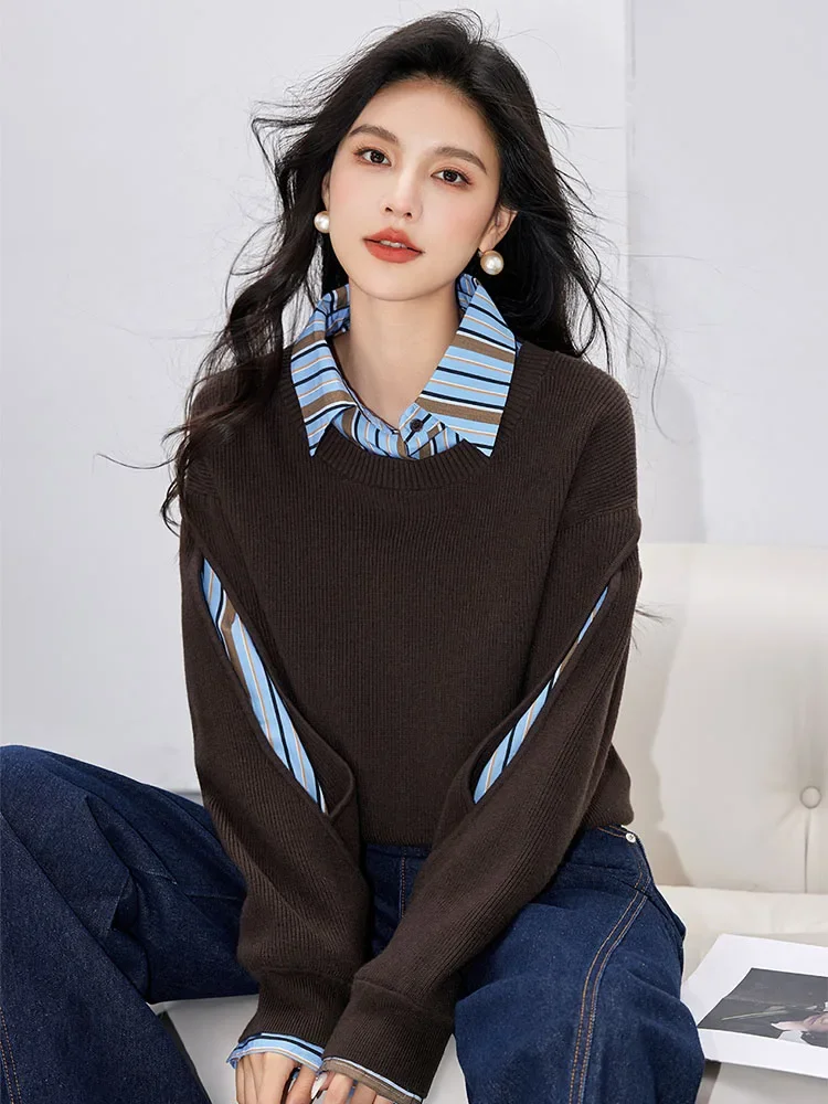 Autumn Winter Women's Casual Polo-neck Sweater Fashionable Retro Two Pieces Contrast Color Spliced Tops Knitted Sweater