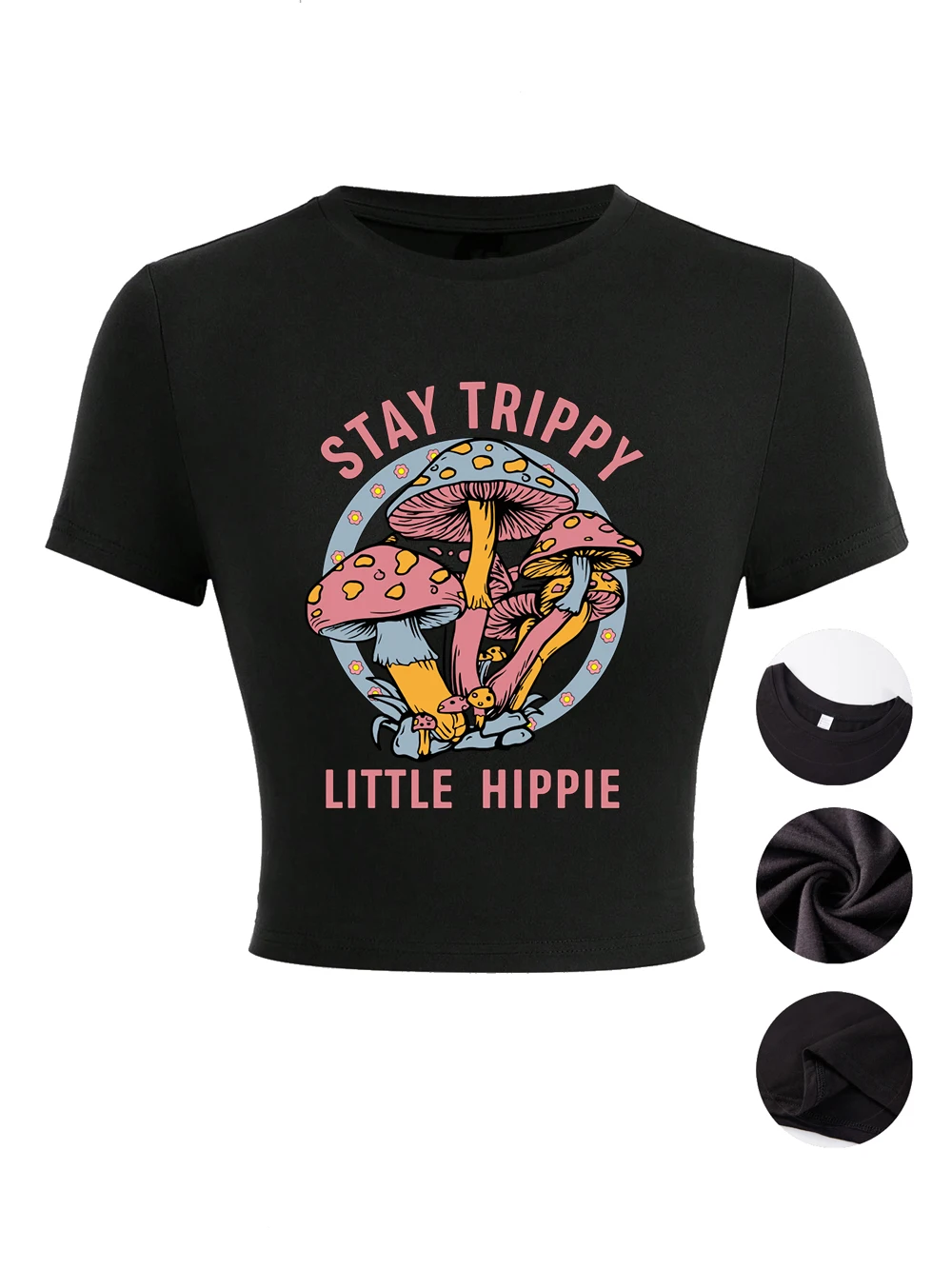 Mushroom Stay Trippy Prints Damen-Crop-Tops, Sommer-T-Shirts mit hoher Elastizität, weiche T-Shirts, eng anliegende, kurze Ärmel, sexy O-Ausschnitt-Kleidung