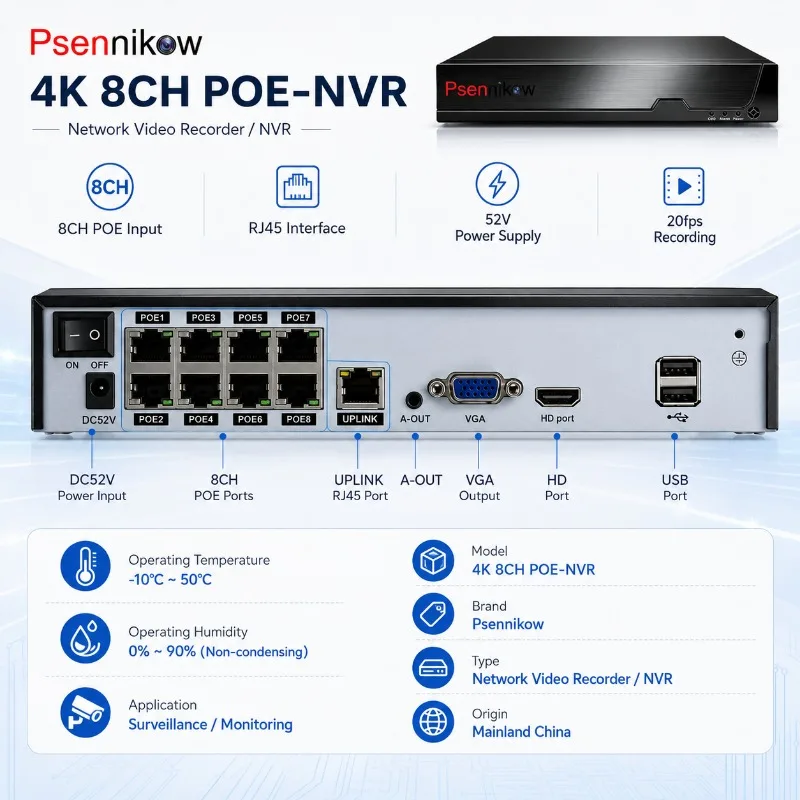 Psennikow Tuya NVR H.265 8CH Smart PoE 8MP Security IP Camera Video Surveillance CCTV System Remote Viewing Network Recorder