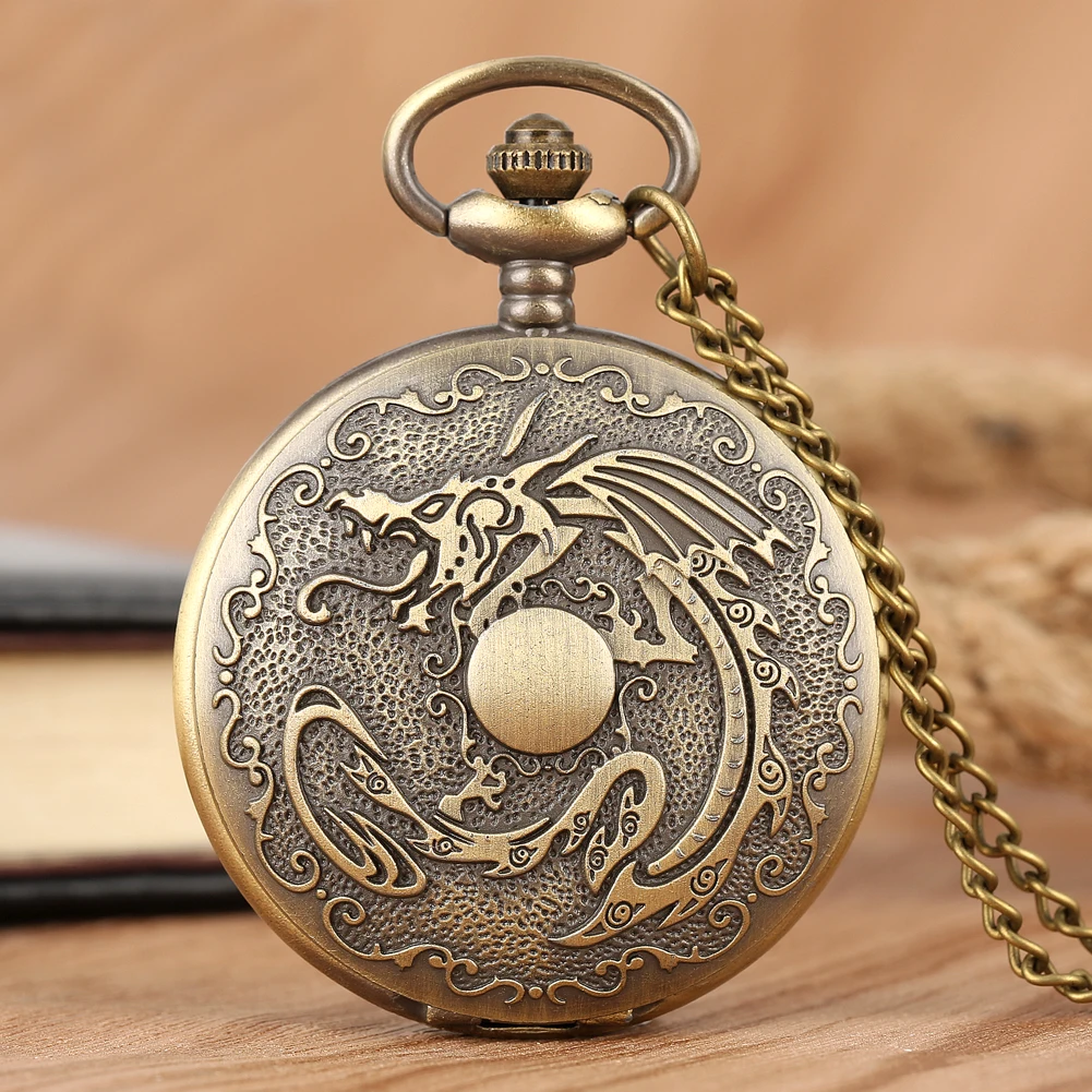 Bronze Dragon Carved Quartz Best Steampunk FOB Analog Vintage Pocket Watch with Chain Necklace Watches for Men