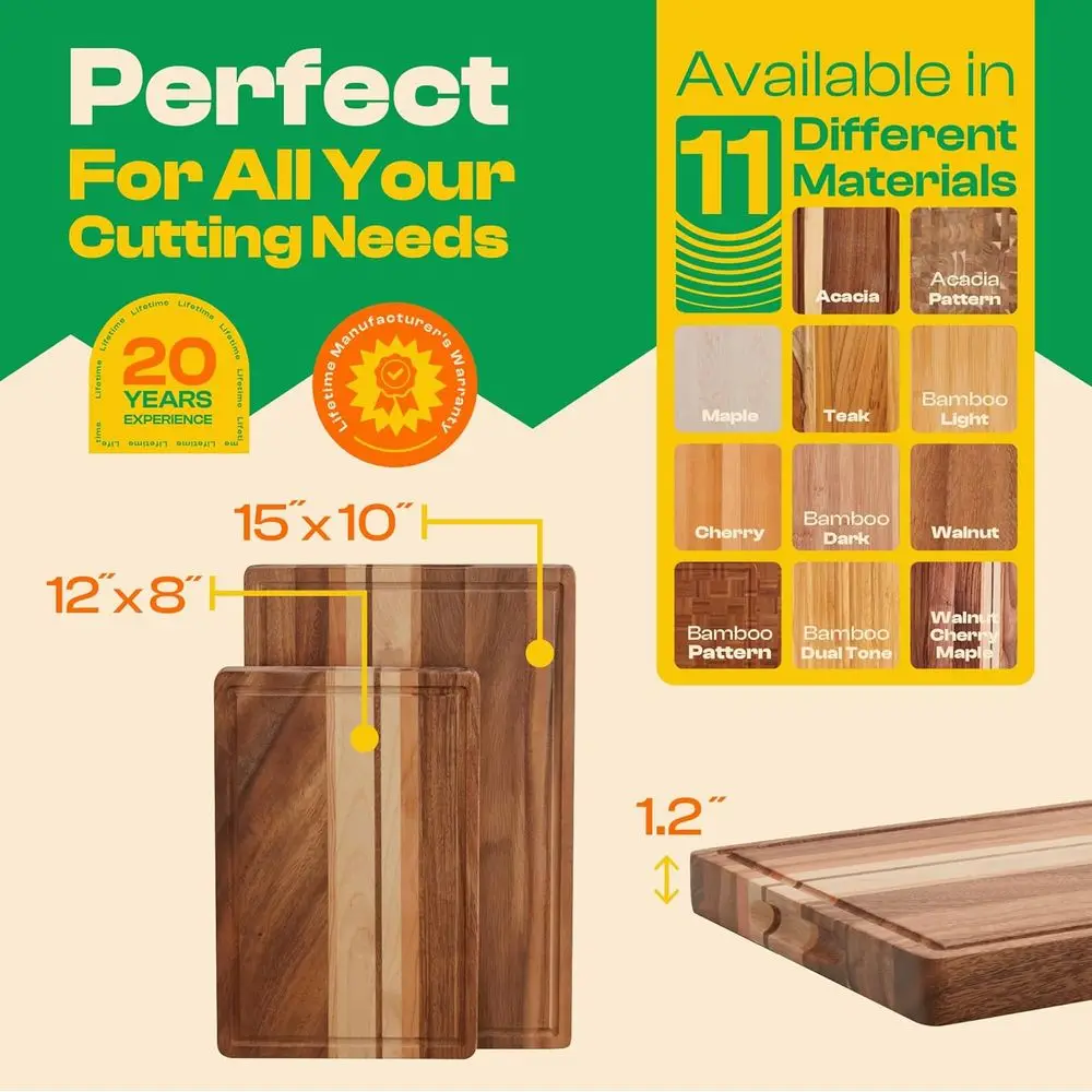 ชุดเขียงไม้ 2 ชิ้น - วอลนัท พรีเมียม เมเปิล และเชอร์รี่ - เขียงสำหรับครัวพร้อมร่องสำหรับน้ำ