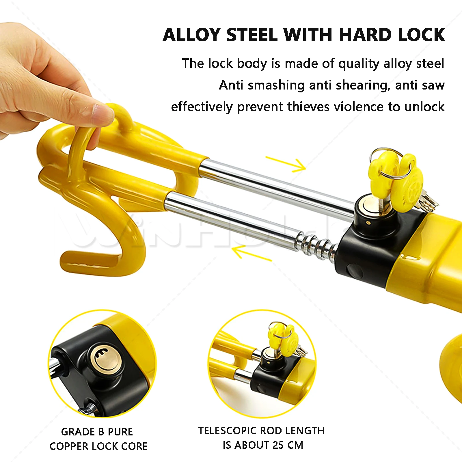 قفل عجلة القيادة العالمي لشاحنات السيارات، خطاف مزدوج مضاد للسرقة - مفتاحين