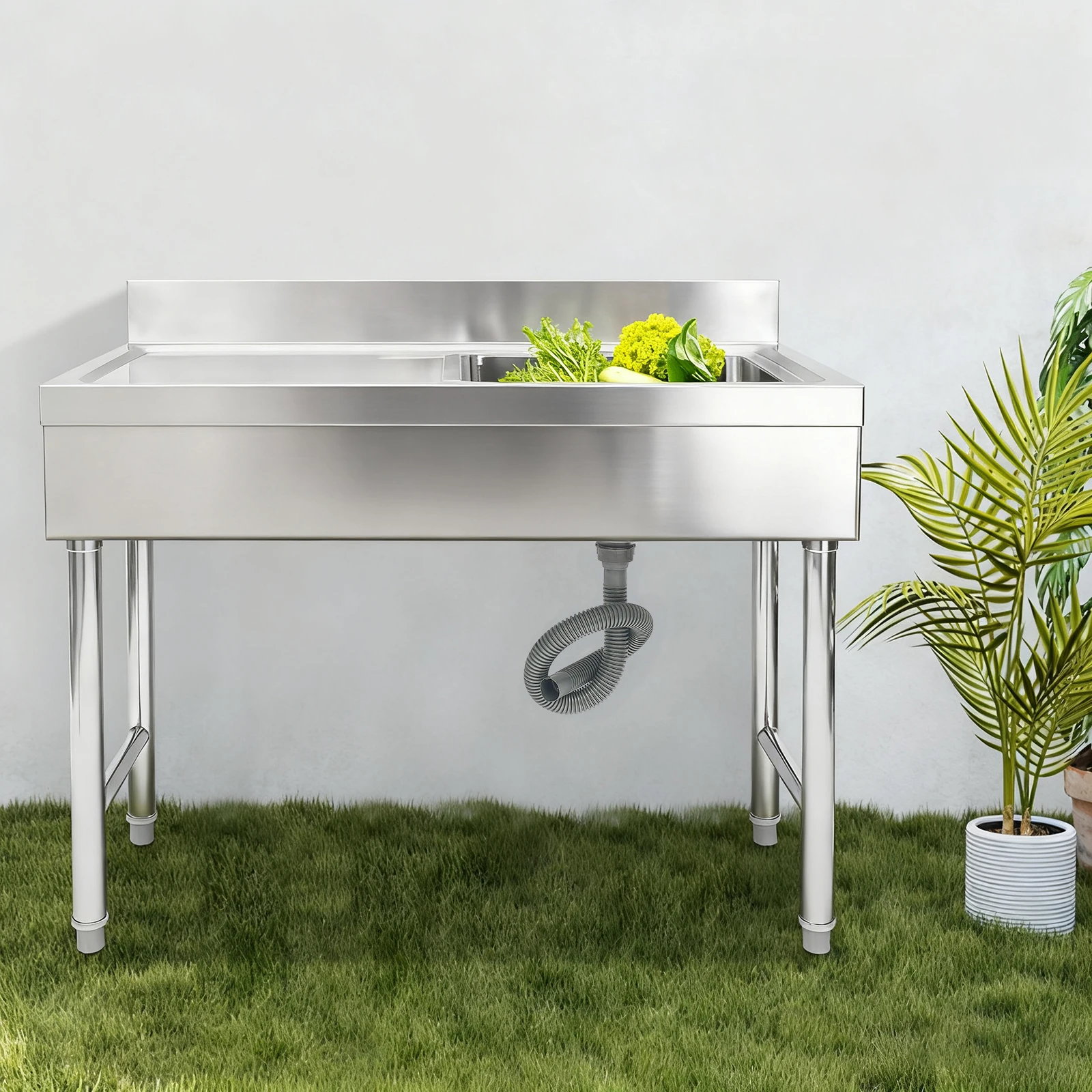 حوض مطبخ مستطيل من الفولاذ المقاوم للصدأ RV قائم بذاته فضي 100 × 50 × 80 سم للمطعم التجاري #5