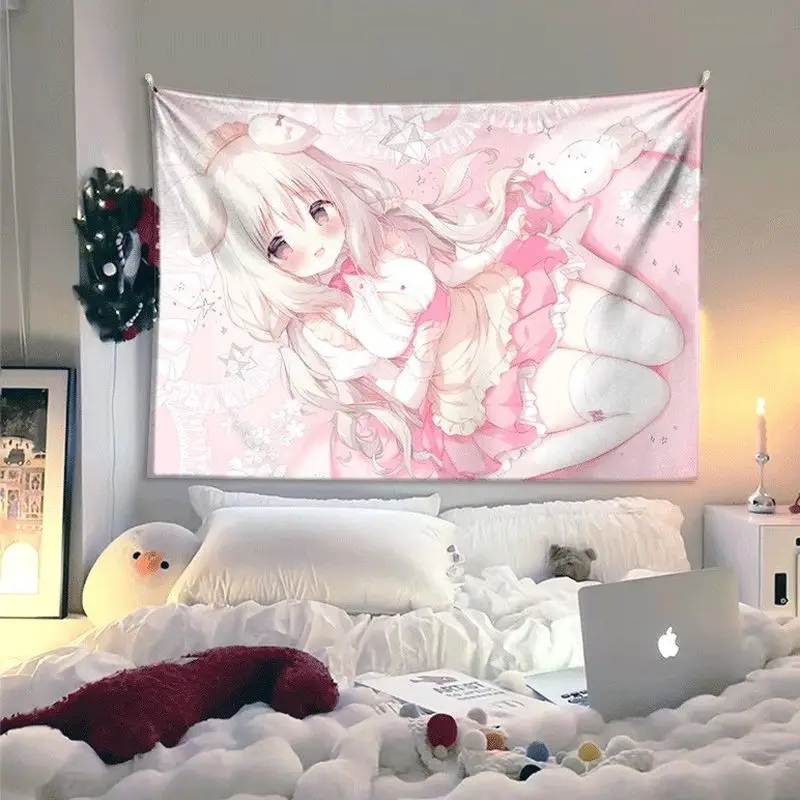 VIKAMA Pink Anime Girl Tapestry, Sweet Double Horsetail Comic Art Wall Hanging Living Room Sofa Background Wall Room Decoration