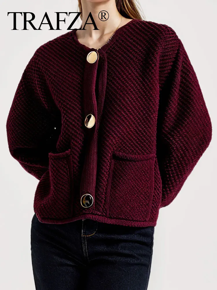 TRAFZA 2024 Autumn Female Fashion Knitted Burgundy Coats Solid Long Sleeves O Neck Single Breasted Loose Causal Cozy Cardigan