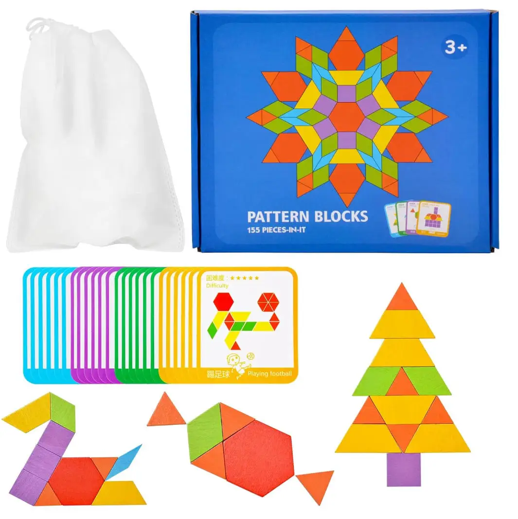 Pattern Blocks 155Pcs Wooden Tangram Montessori Toys Geometric Shape Puzzle Kindergarten Classic Educational for Kids