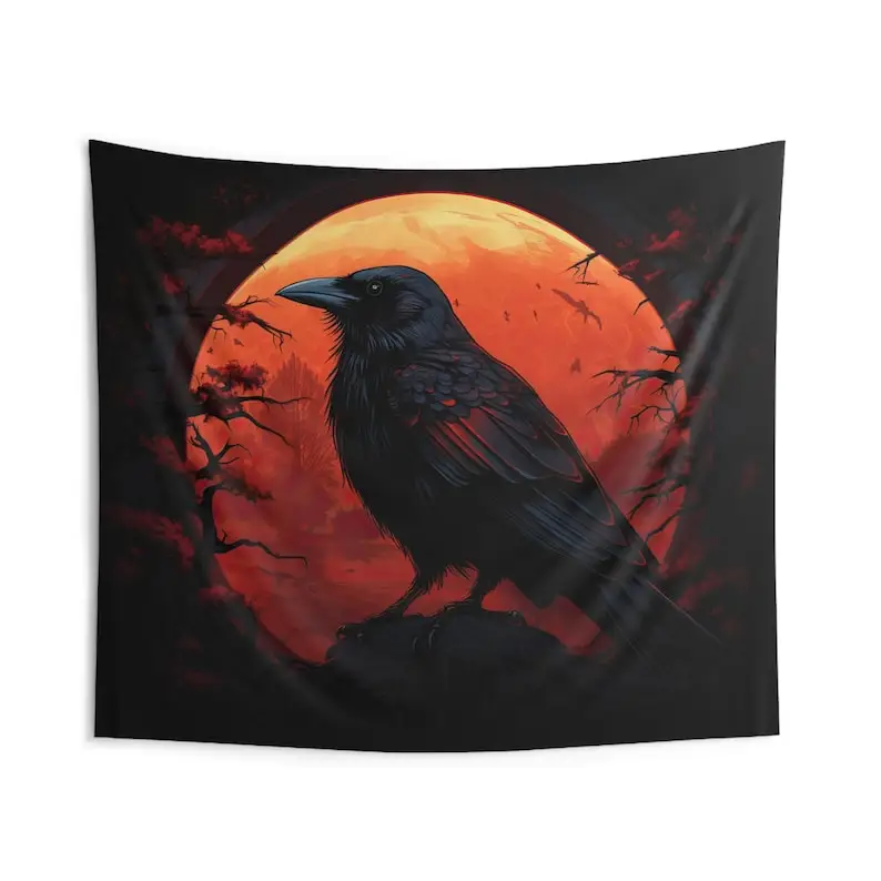 Blood Moon and Crow Polyester Indoor Wall Tapestry Dark Gothic Design, Occult Aesthetic Decor, Bedroom, Living Room & Dorm Room