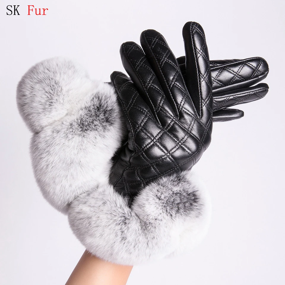 

Real Rex Rabbit Fur Gloves Women Genuine Leather Gloves for Winter Touchscreen gloves Fashion mittens