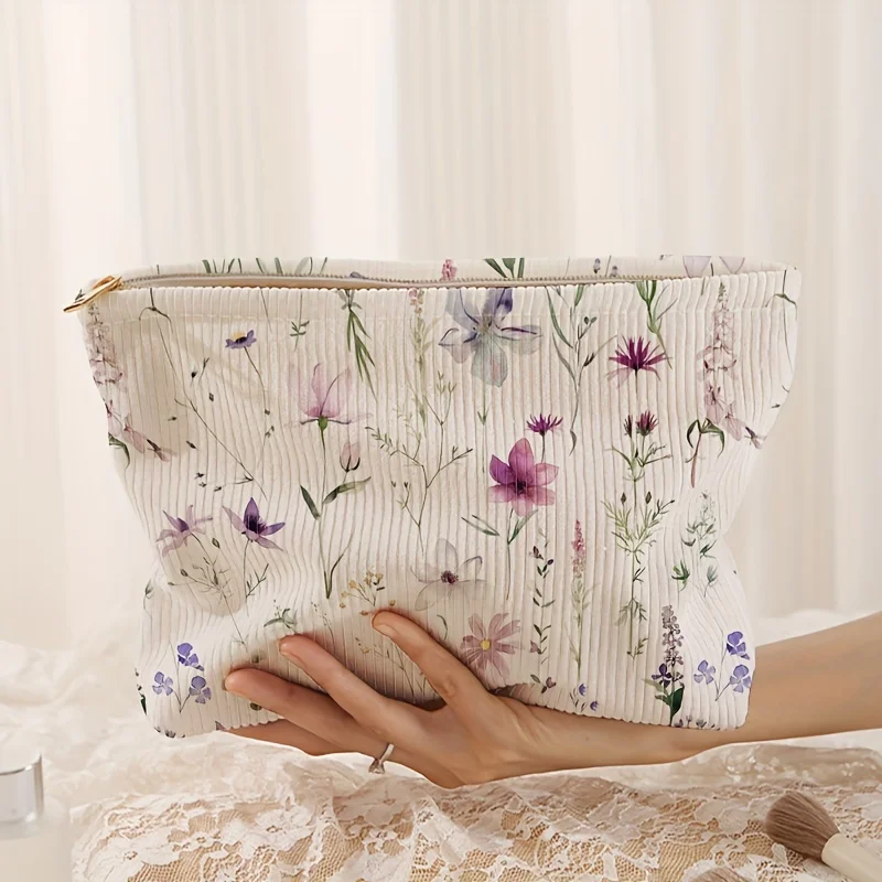 Flower Pattern Printed Corduroy Zippered Storage Bag, Lightweight Makeup Bag, Makeup Bag, Multi-Functional Wash Bag