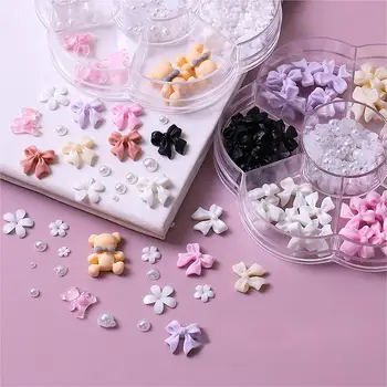 Lazo de resina de terciopelo rojo y blanco, accesorios de uñas de Año Nuevo, caja de juego mixto, estilo navideño