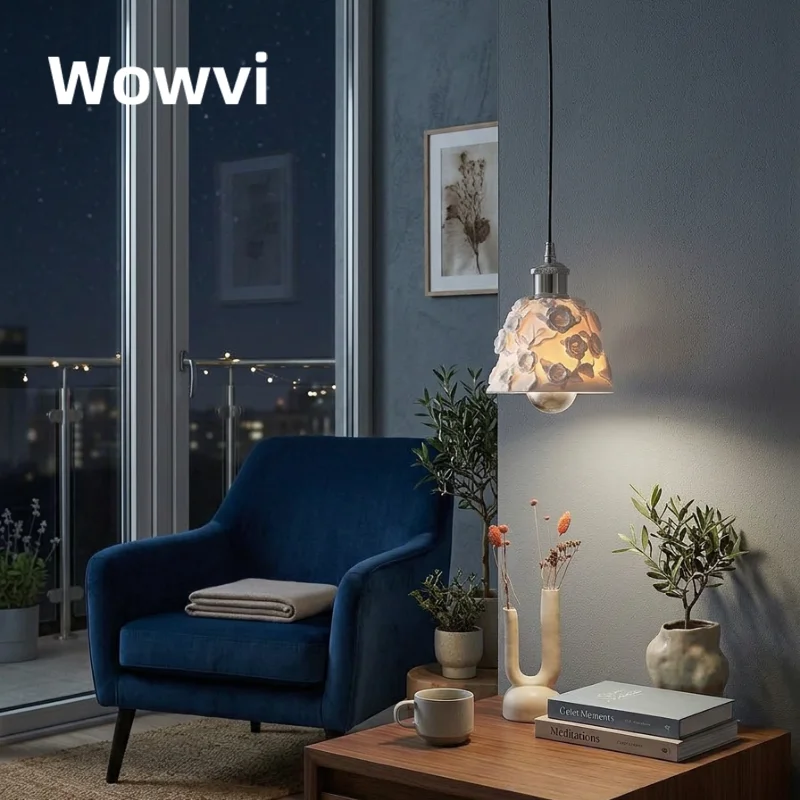 Wowvi French Vintage Rose Pendant Light Cream Style Carved Flower Hanging Lamp Nordic Romantic Bedroom Bedside Decor Chandelier
