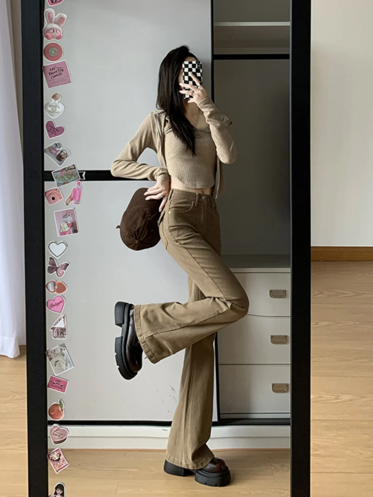 Kaki uitlopende jeans dames hoge taille broek met rechte pijpen Amerikaanse Sle herfst nieuwe collectie afslankbroek voor ort vrouwen