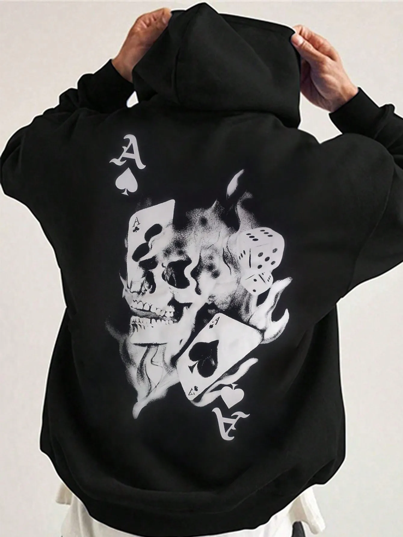 

Hot Men's Oversized Off-shoulder Hoodie with Card and Skull Print Casual Hoodie Everything 2024 New