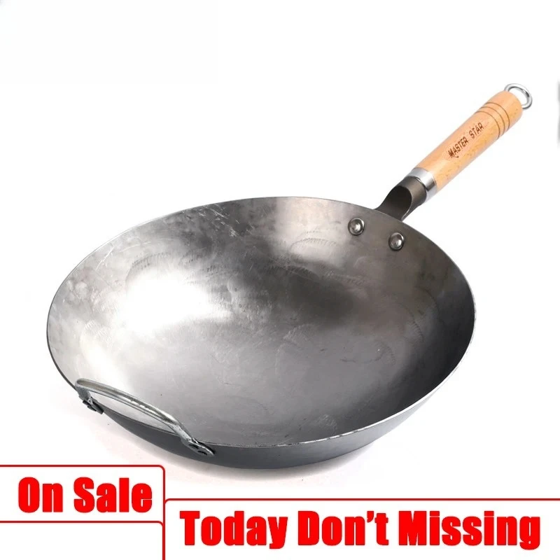 Master Star Chinese Carbon Steel Wok With Ear Handmade Hammering Large Iron Wok Non-stick Non-coating Healthy Wok Gas Cookware