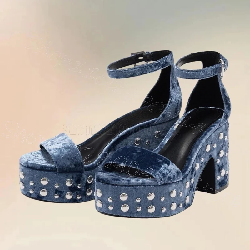

Silver Rivets Blue Corduroy Platform Sandals Buckle Strap Women Shoes Chunky High Heels Open Toe Party 2025 Zapatos Para Mujere