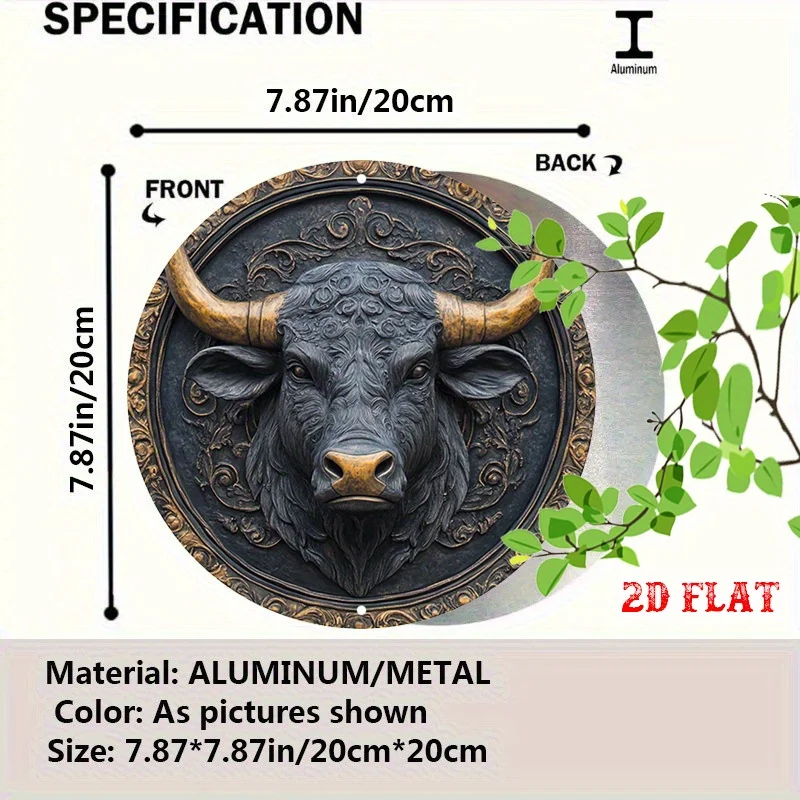 2D Flat 1pc Vintage Metal Sign Featuring Bull Head with Intricate Frame Round Poster Lounge Garden Retreat Perfect for Creative