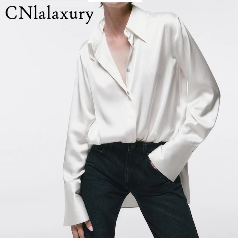 CNlalaxury Spring Autumn 2022 Women Turn Down Collar Satin Blouse Single Breasted Solid Color Casual Chic Shirt Tops For Fashion