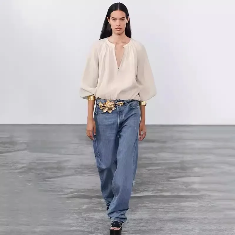 قميص نسائي بياقة مستديرة من سلسلة ZW، تصميم جديد للخريف بسحاب وأكمام طويلة، فضفاض بلون واحد، متعدد الاستخدامات للارتداء اليوم...