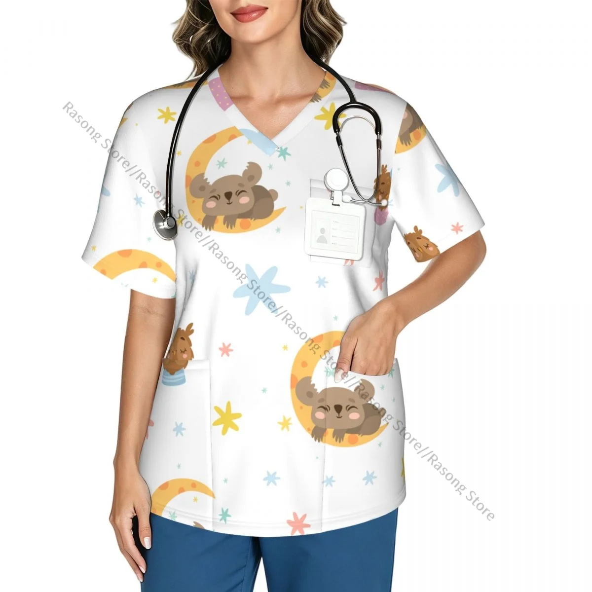 Cute Owl Koala Scrubs tops medical uniforms women V Neck Stretch Scrub Shirt Dentist doctor Blouse