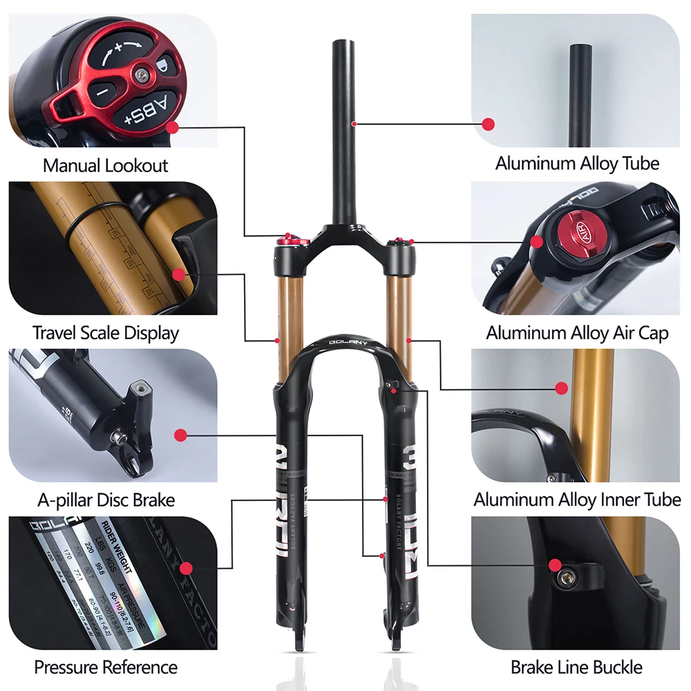 BOLANY MTB Bike Fork Solo Air Bicycle Front Suspension 26/27.5/29inch Straight/Tapered Tube Lockout Magnesium Alloy QuickRelease