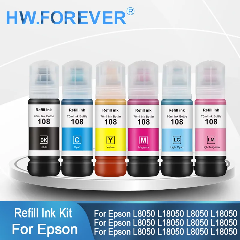 For Epson 108 Refill Premium Ink Kit For Epson Ecotank  L8050 L18050 Printers Vivid Color Refill Ink Kit