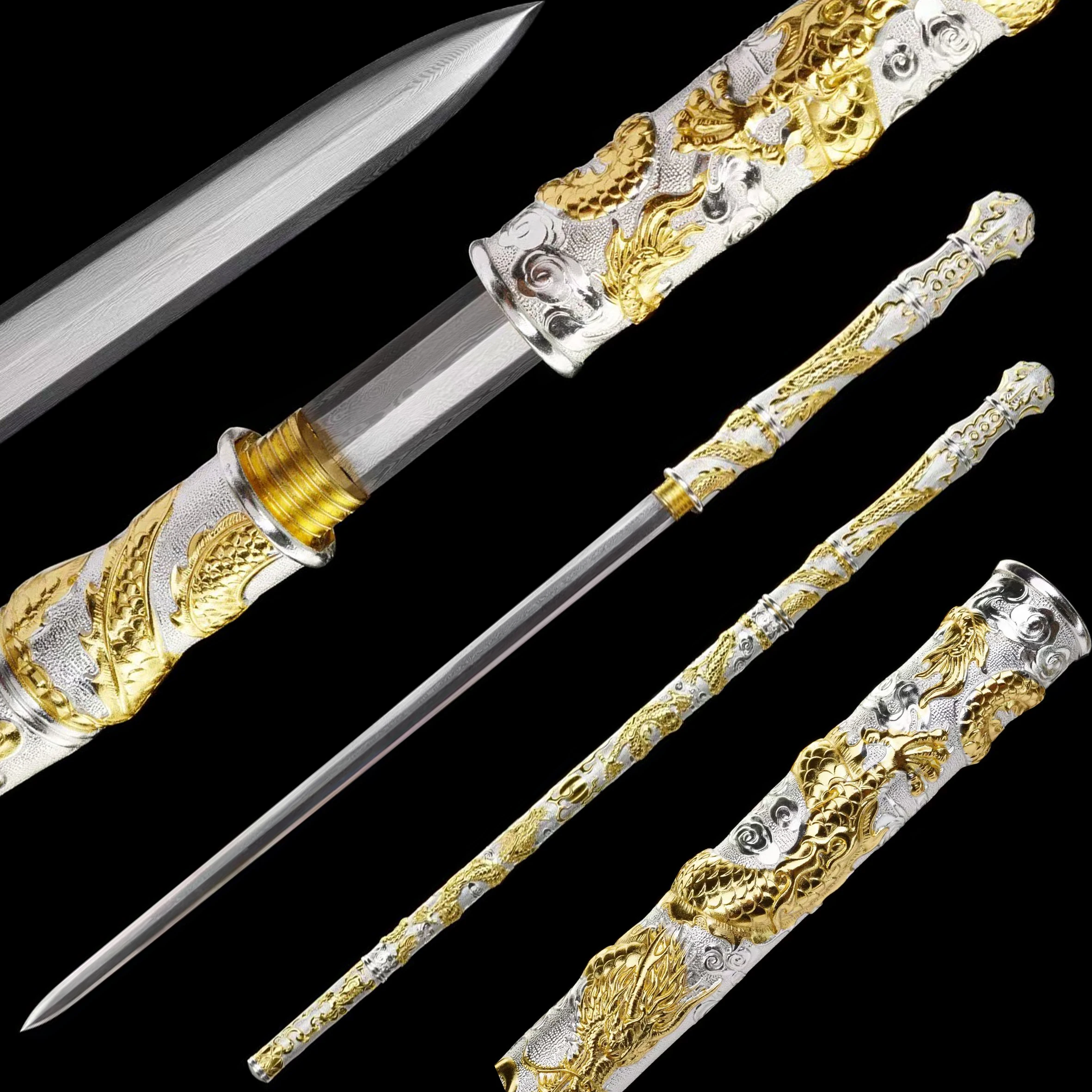 Golden Dragon Staff Sword Folding steel Damascus Blade Sharp combat ready handcrafted katana weapons stick samurai sword