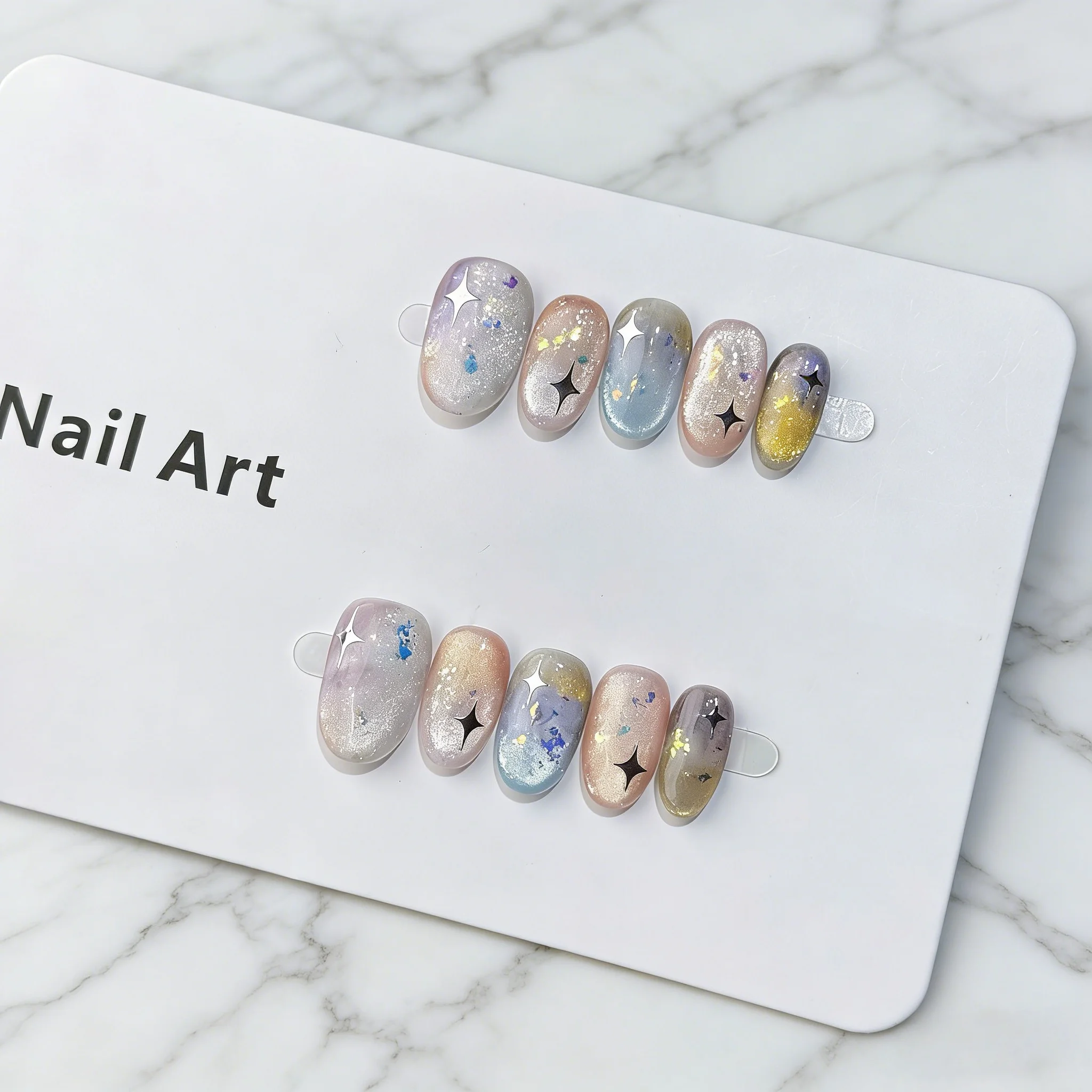 

10pcs Glitter Stars Handmade Nails Blue Foil Flakes Gradient Cat Eye Press on Nail Short Oval Kawaii False Nails for Women&Girl