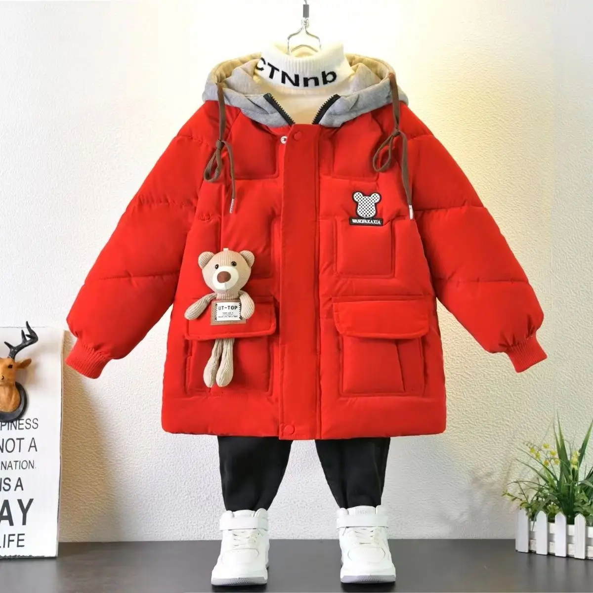 Kids Boys Cotton Jacket With Plush And Thickened Mid Length Baby Children\'s Winter Clothing Down Cotton Fashion Jacket Boy Top