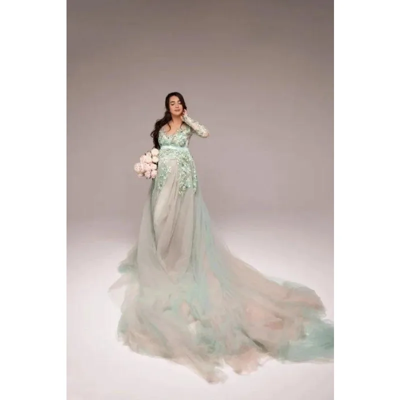 Light Pink green Lace Tulle Maternity Gown – Ruffled Maxi Dress with Train for Photoshoot, Baby Shower & Wedding Guest