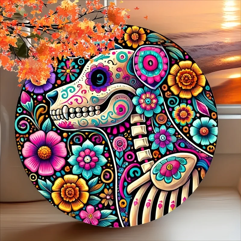علامة دائرية خشبية ملونة ليوم الموتى الهيكل العظمي - تصميم زهور نابضة بالحياة، مثالية لتزيين المنزل والبار