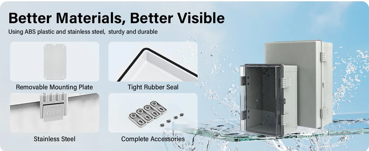 Outdoor IP66 Wasserdichter elektrischer Verteilerkasten aus Kunststoff, ABS-Grau/transparentes Abdeckgehäuse mit Scharnier für Stromanschluss – Detail 3