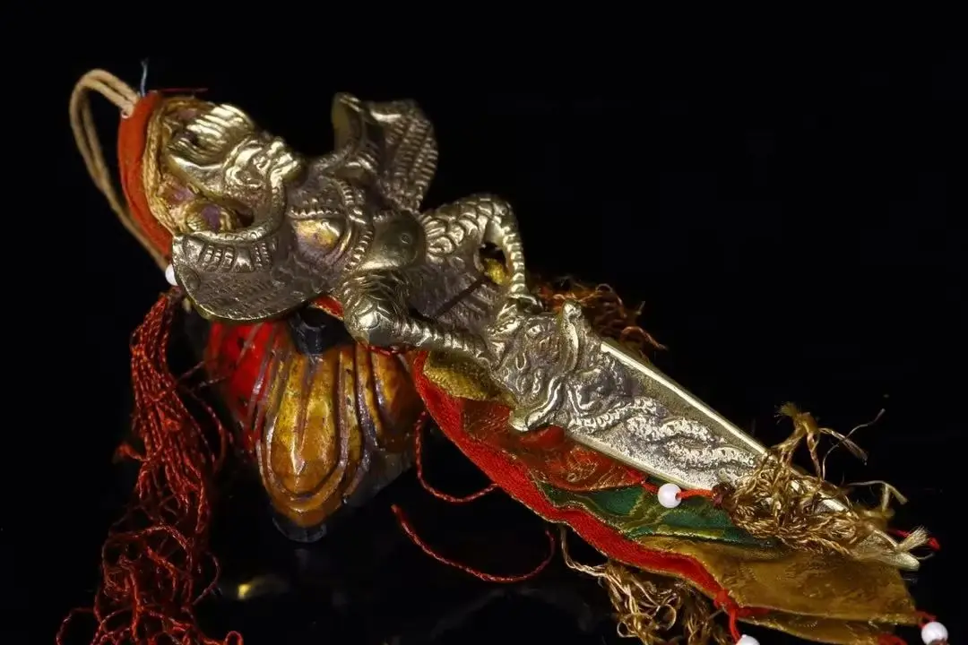 

8"Tibetan Temple Collection Old Bronze Cinnabar Garuda Dhwaja Buddha Vajra Phurpa Amulet Dharam Town House Exorcism