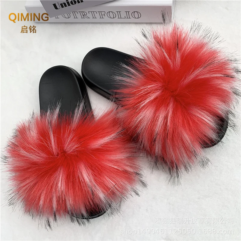 Women\'s Sexy Faux Fur Slippers Plush Furry Fluffy Slippers Outdoor Indoor Flat Platform Shoes Female Casual Flops Woman Slides