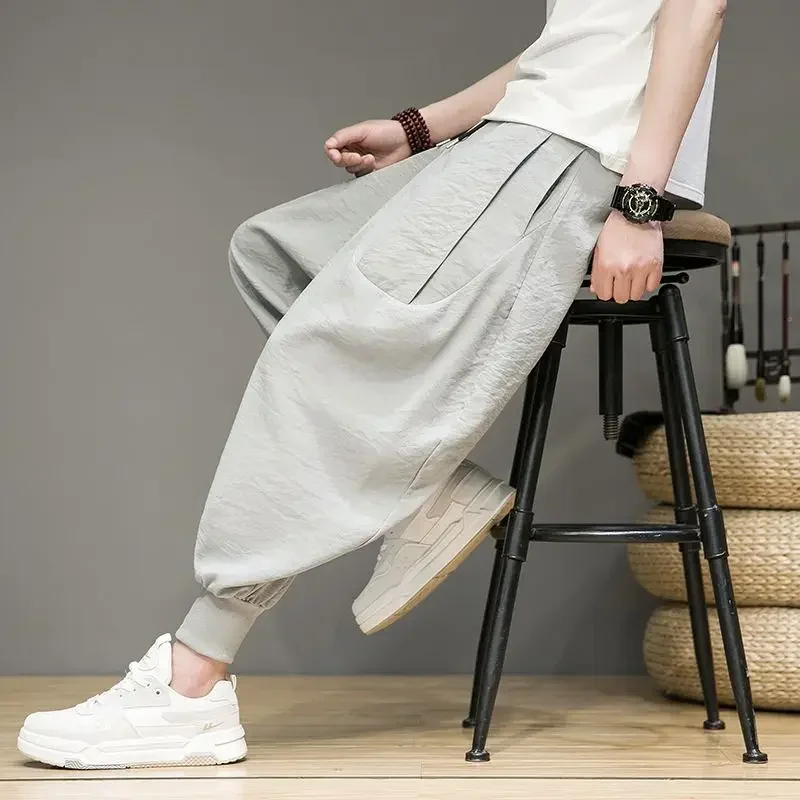 Loose Fit Foot-closed Lantern Pants Retro Harem Pants Ice Silk Casual Pants for Men in Summer 2024