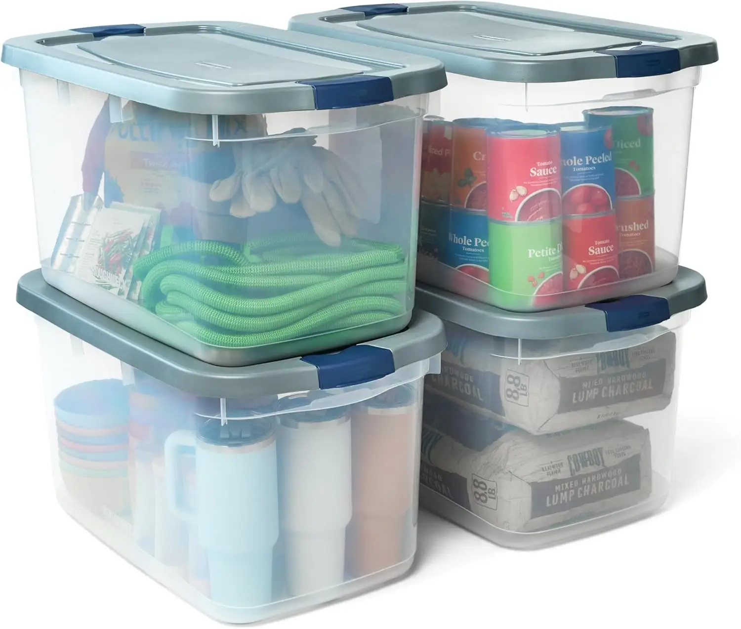 

Clear 66 Qt Storage Containers, Pack of 4 with Latching Grey Lids, Visible Base, Sturdy and Stackable for Home Organization
