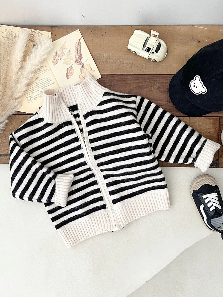 Toddler Children\'s Sweater Autumn Winter Fashion Baby Striped Knit Cardigan Coat High Collar Zipper Infant Warm Cotton Clothes