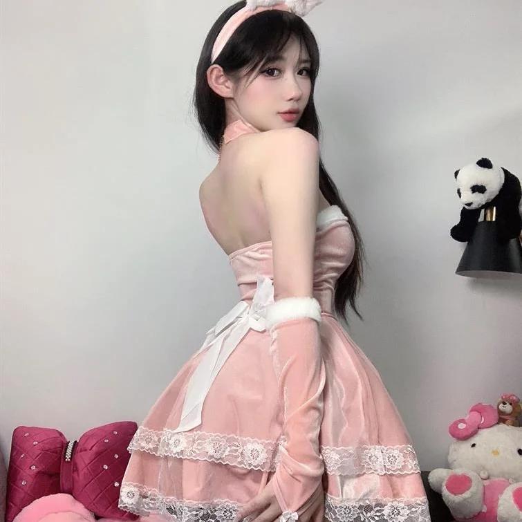 

Sexy Red Cisas Costume Set Cute loween Ladies Rabbit Costume New Year's Outfit Polyester Fiber Tube Dr for Women