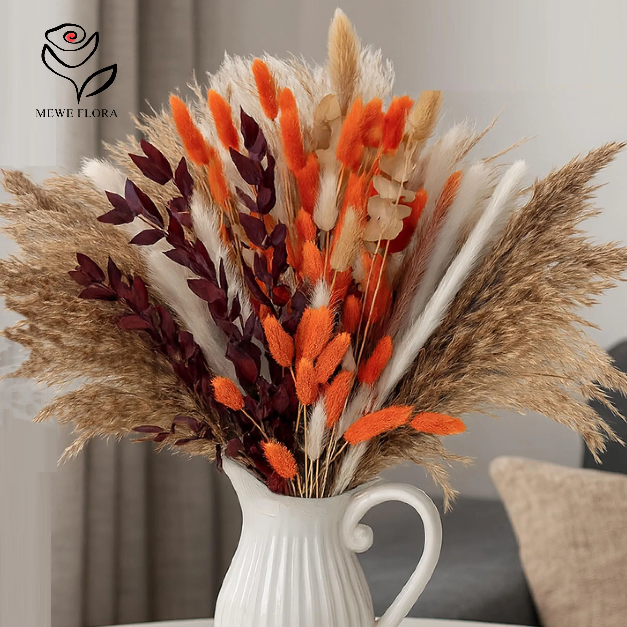 

103PCS Dried Flower Real Orange Pampas Grass Bouquet Mix Fall Boho Home Decor Eucalyptus Floral Wedding Arrangements Centerpiece